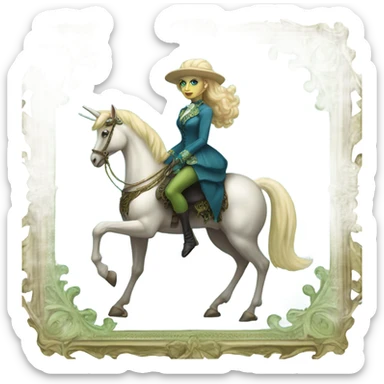 "galora green blonde alien woman" in blue Victorian dress elegant, full body, on brown and white unicorn sticker