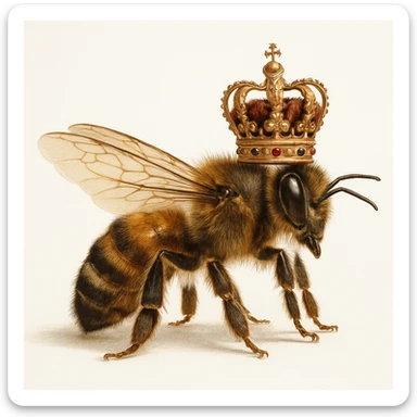 realistic illustration of a king bee, side view, ornate crown, lifelike details, soft shadows, white background sticker