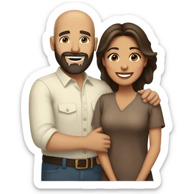 Brown-haired Puerto Rican woman with dark brown eyes wearing a cute blouse giving comforting hug to short, bald man with brown eyes, laugh lines, and a beard sticker