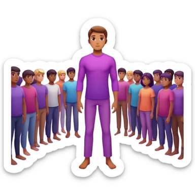 A charismatic person standing confidently in the center of a room, radiating a violet warm bright aura glow, he is calm with a lot of people around sticker