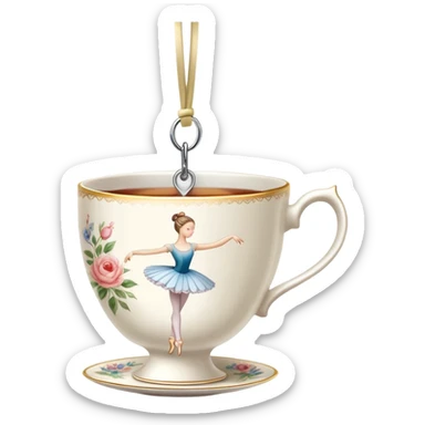 A tea cup with a tea bag tag hanging out, dancing en pointe in a classical ballet position sticker