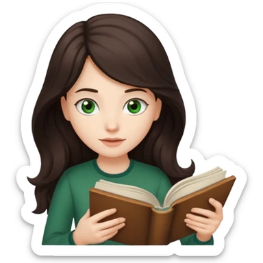 Long wavy dark brown haired, white skinned, dark green eyed girl reading a book sticker