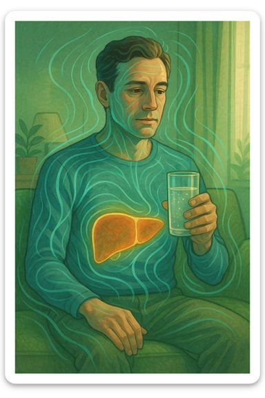 A man in a calm domestic environment, sitting with a transparent bottle or glass in hand containing an Epsom salt solution. He has a focused and aware expression. His body is partially transparent, with the liver highlighted brightly as if in a cleansing phase. Around the body, fluid energetic lines symbolize detoxification. The atmosphere is relaxed and natural, with warm light and green and blue tones representing health and purification. sticker