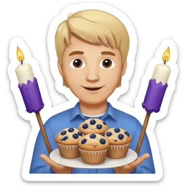 It is my friend virginias birthday. Create emoji with me saying happy birthday Virginia while holding blueberry muffins with birthday candles in them! I am a white man make the emoji with dirty blonde hair. Have a banner that says happy birthday  sticker