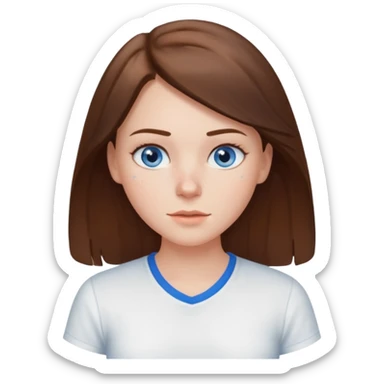 Create an emoji of a white Girl with brunette hair blue eyes faint freckles and hair to her chest wearing a white shirt sticker