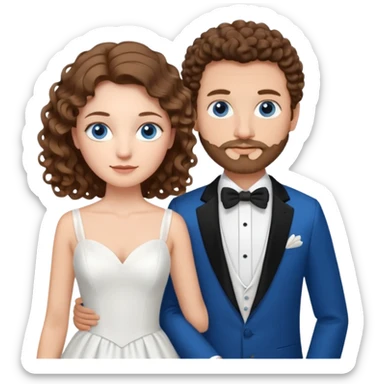 wedding couple, woman has long lightly curled brown hair and blue eyes, man has short light brown curly hair and facial hair with blue eyes sticker