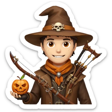 male human monster hunter emoji, wearing brown leather coat and wide hat, holding crossbow, with amulet shaped like skull, Halloween fantasy theme, confident smile, orange scarf, Apple emoji style, clean white background, square image sticker