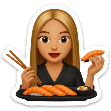 Edit the image of a girl eating sushi to have long straight hair. Keep the same style as the original image. Remove the background. sticker