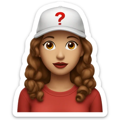 A beautiful woman wearing a cap and a black sweatshirt with a neckline, big lips, brown hair. The cap has a red question on it. sticker