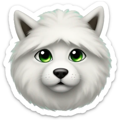 White fur with black patches, Green eyes with a calm gaze, Black marking near the mouth like a little mustache ,Sleek and cozy under a fluffy blanket   sticker