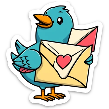 Mayan style bird carrying mail, love letter with heart, envelope with message, all with clean geometric lines sticker