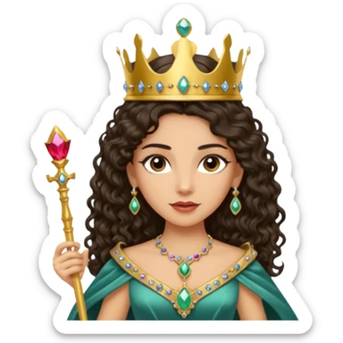 Queen with long dark curly hair, dark brown eyes, light olive skin tone sticker