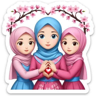 Four sister hugs Turkish girls beautiful finish Konya blue eyes with cherry blossom hijab and heart dress and hugs  sticker
