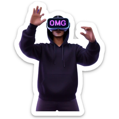 Russian man wearing a black hoodie with "OMG" letters on it and VR headset oculus quest 2 in a cyberpunk VR environment with violet neon lighting. Showing direction with hand sticker