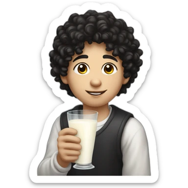 A side-portrait from the shoulders up of a pasty white teenage boy with dark black curly hair holding a chalice of milk sticker