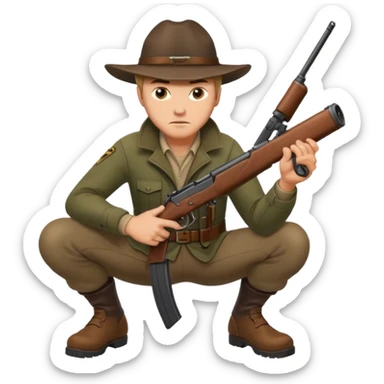 male hunter crouching with gun, alert expression sticker