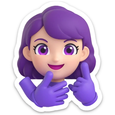 chibi style Gwen from League of Legends, only head, right eye purple, one hand waving with glove, smiling and energetic, 3D emoji style sticker