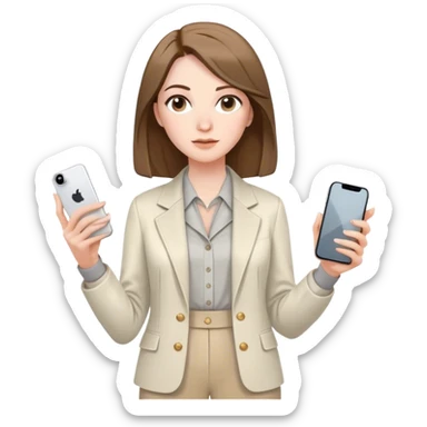 pale skin woman with brown Straightened bob Hair, White Spacious classical jacket, beige palazzo Arrow pants and gray blouse holding white IPhone 15 pro in the hands sticker