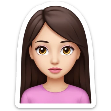 A young woman with long straight dark bown hair, big brown eyes, long eyelashes, pink lips, wearing a plain white top, in emoji style sticker