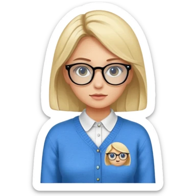 ragazza bionda vestita con camicia e maglione, con occhiali, occhi azzurri che è seduta al pc  sticker