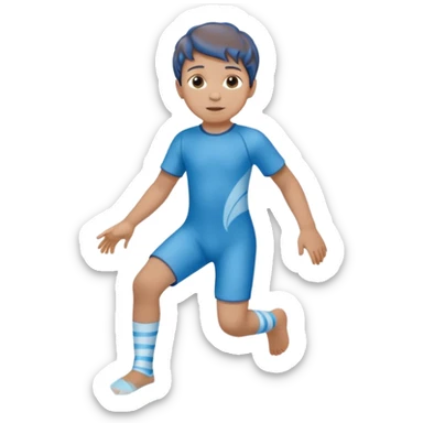 A little male child with a blue/beige outfit and  curled brown hair and shoes which are orthopedic ankle-foot orthosises (AFO) for a small child. The brace goes just below the knee and its with a bright blue water-like pattern with a spiral side design. sticker
