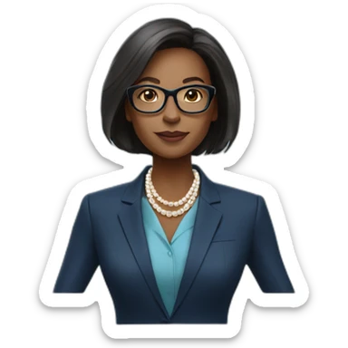 black woman ceo, black glasses, neck length straight hair, blue blazer, pearl necklace sticker