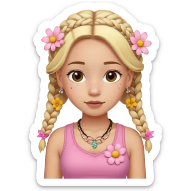 A girl whit freckles and a blush whit two braids blonde a necklace and a pink croptop and a cute flower skirt short sticker