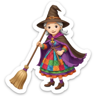 Befana flying on a broomstick: friendly old witch with a warm smile, big nose, rosy cheeks, wearing a colorful patchwork dress and shawl, riding a classic wooden broom. sticker