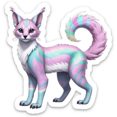 Colorful dark tropical feathery tribal pale light fruity pastel white glorious iridescent divine exotic cute cool beautiful beautiful fantasy-caracal-civet-genet-sergal-vernid-Gryphon-Cacomistle-Trico-oncilla-animal-Fakémon-hybrid-fursona (full body) sticker