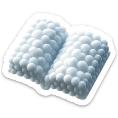 top view of a thick open book made entirely of small, very bright white fluffy convex clouds, matte glass style, no background sticker