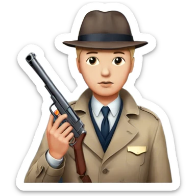 Icon for Detective Movie: A vintage movie poster-style design featuring a close-up of a detective with a gun on a dark London street under the full moon. The scene includes faint traces of blood on the asphalt, hinting at a murder. Retro cinematic typography. Transparent background. sticker