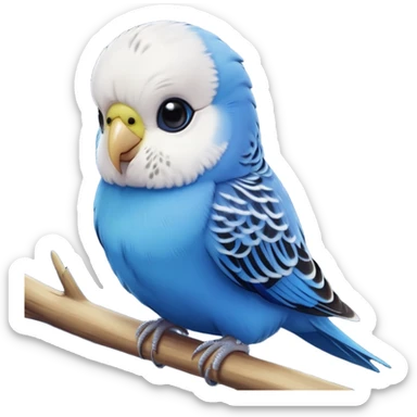 cinematic-cute-blue-budgie-portrait-emoji,-head-tilted-playfully-and-inquisitively,-featuring-a-brilliant-blue-feathered-fur-and white and black feathered face-with-a-natural-sheen,-round,-sparkling-dark-eyes-filled-with-curiosity,-simplified-yet-irresistibly-adorable sticker