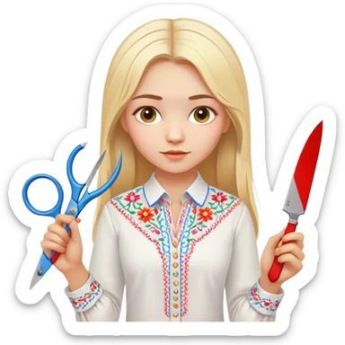 Ukrainian young girl with blonde hair in a white traditional embroidered shirt (vyshyvanka) holding scissors in one hand and colorful paper in the other hand sticker