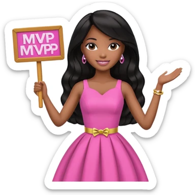 Black barbie, long black  hair, pink dress holding mvp sign  sticker
