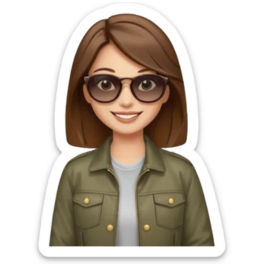 emoji of a young fashionable woman, long wavy brown hair, wearing sunglasses and a trendy jacket, smiling sticker