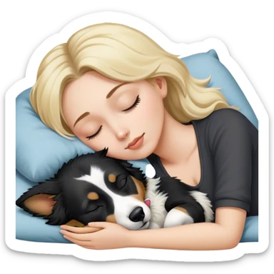 White girl blonde hair sleeping with black and white Australian shepherd with his ears perked up sticker