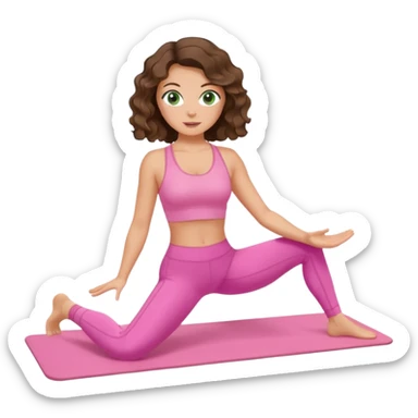 White, green-eyed, brunette cute feminine lady emoji with wavy hair doing pilates wearing pink pilates fit sticker