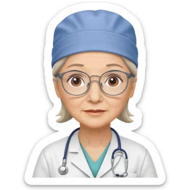 older woman doctor with scrub cap no smile sticker