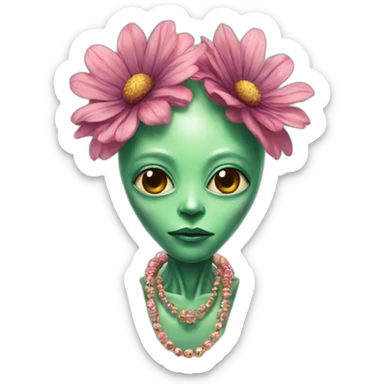 An alien from Jupiter wearing a flower necklace sticker