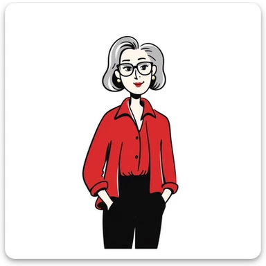 Sophisticated senior woman in her 70s with radiant complexion, elegant silver-gray bob haircut, hazel eyes, defined cheekbones, wearing vibrant red lipstick and a structured red blouse sticker