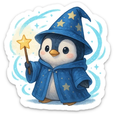 cute penguin wizard with a star-tipped wand, blue robe, magical aura sticker