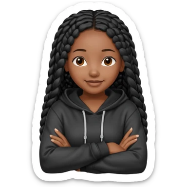 African American dark skin girl with long black box braids wearing a plain black hoodie  with arms folded across chest sticker