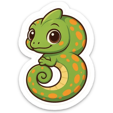 cartoon chameleon whose curled body and tail form the number 5, with expressive eyes and bright patterns sticker