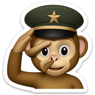 Add a classic military hat to the monkey face with paw raised in a salute in emoji style with transparent background. sticker