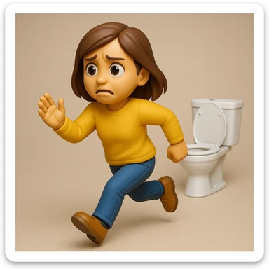 EMOJI STILE IPHONE 3D DI UNA DONNA A FIGURA INTERA CHE CORRE INCONTRO AD UN WC, FAI BEN VISIBILE SIA LA DONNA CHE IL WC, SI DEVE VEDERE BENE CHE LA DONNA HA URGENZA AD ANDARE IN BAGNO, IPERREALISTICA 4K sticker