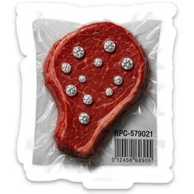 steak with sparkling diamonds embedded, glossy and puffy, vacuum-sealed style sticker
