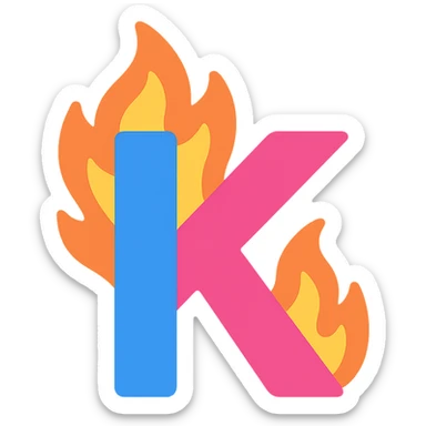 colorful letter 'K' with cartoon-style flames licking the edges sticker