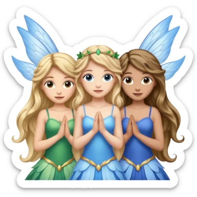 Three women as pretty fairies with wings, brown eyed light skin with dark blonde long hair and Brown eyed light skin black long wavy hair and blue eyed light skin long blonde hair sticker