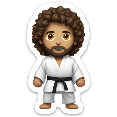 young sensei with brown long curly hair that's facing upwards and beard Wearing a white robe and holding martial arts equipment sticker