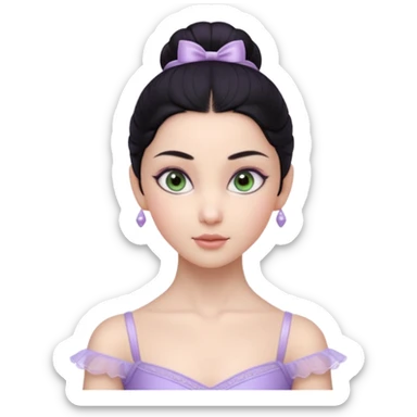 Cinematic Realistic ballerina Light Purple Portrait, depicted with lifelike skin texture, subtle rosy undertones, and soft natural lighting that enhances the gentle contours of her face. Her intricately detailed sweet black hair is elegantly styled, green eyes sticker